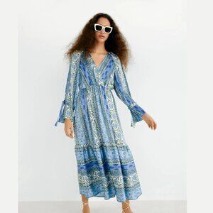 ZARA Paisley Patchwork Floral Silky V Neck Ruffle Hem Maxi Dress Sz XL